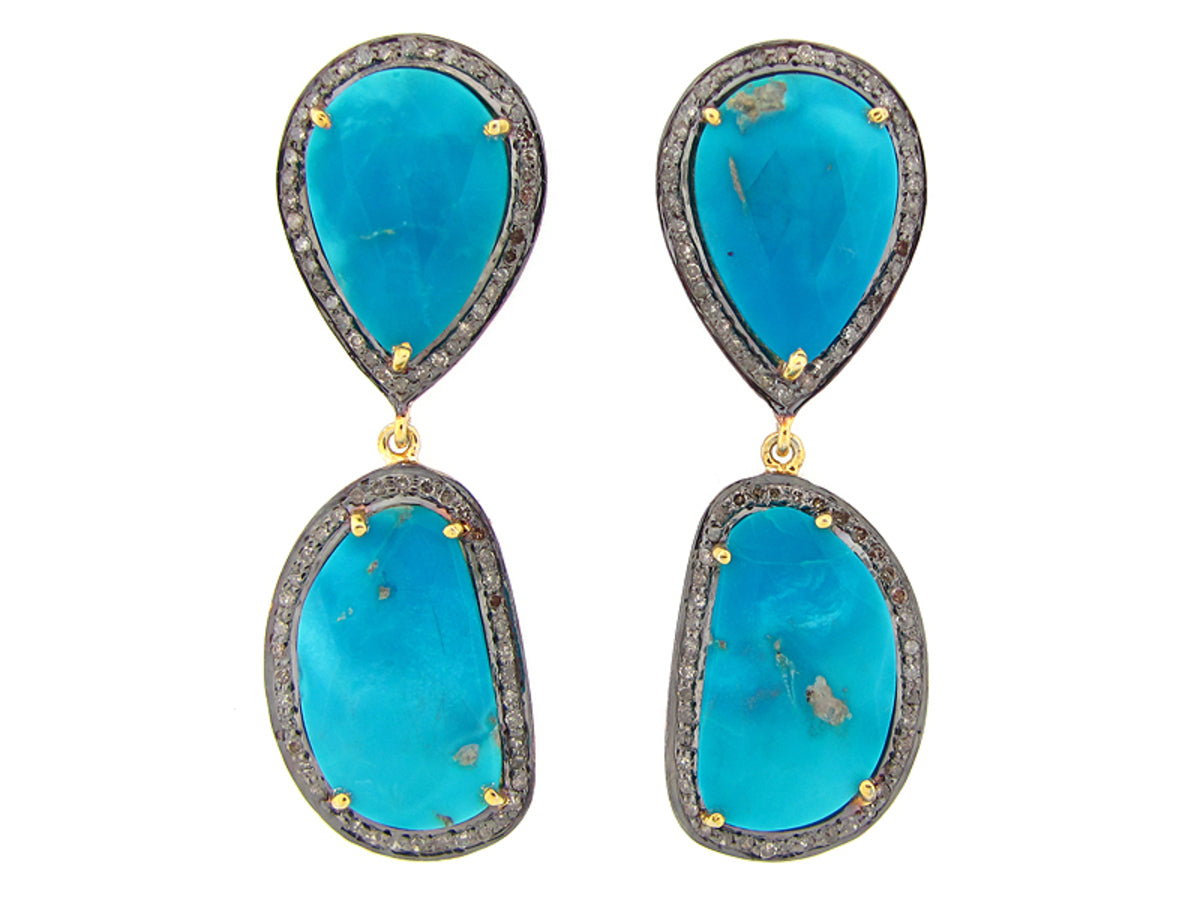 TURQUOISE & BROWN DIAMOND EARRING, YELLOW FINISH, SILVER (I/N)