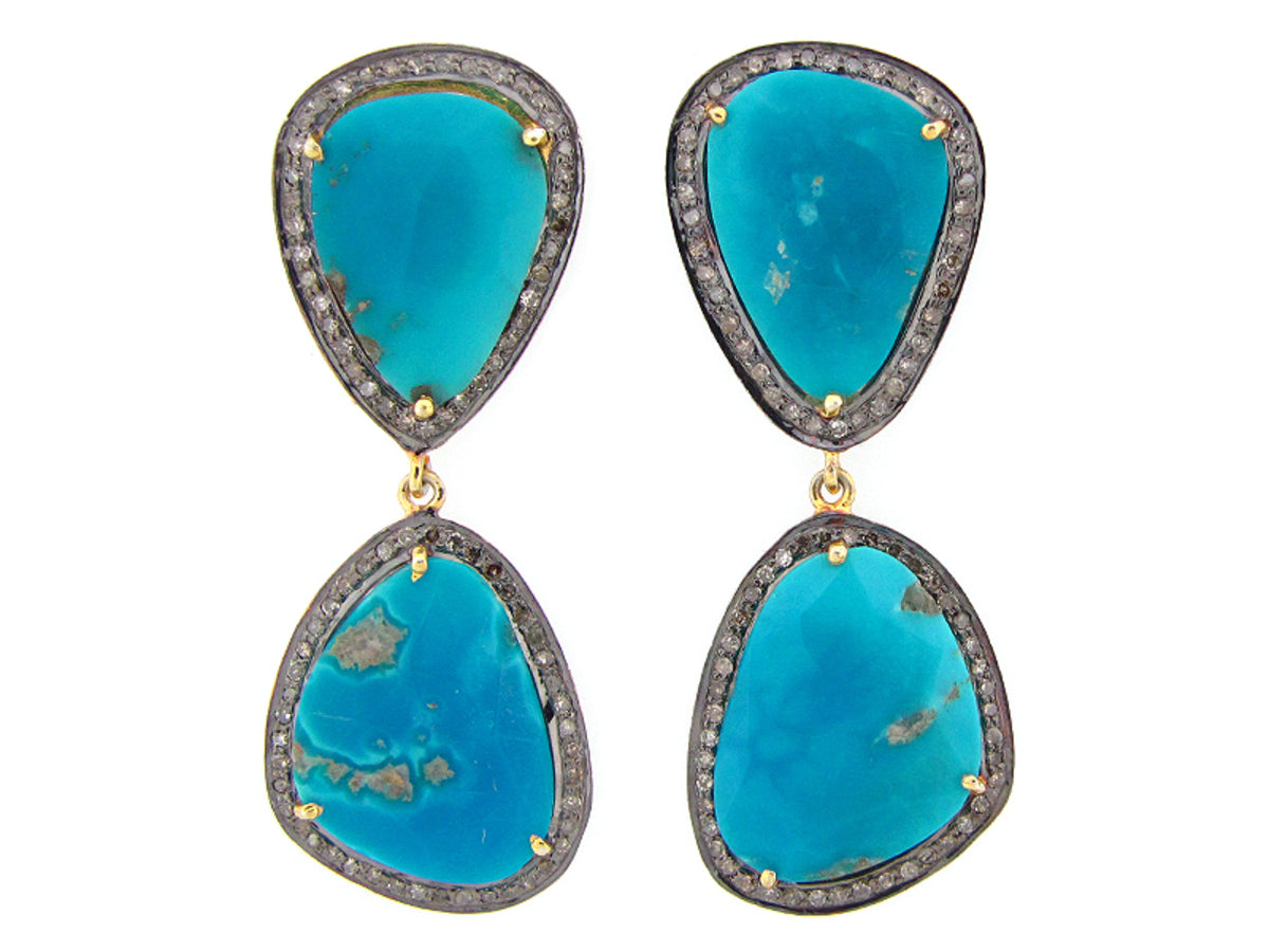 TURQUOISE & BROWN DIAMOND EARRING, YELLOW FINISH, SILVER (I/N)