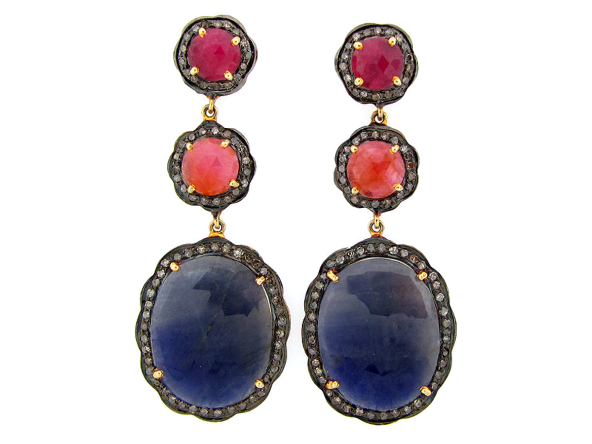 SAPPHIRE & BROWN DIAMOND EARRING, YELLOW FINISH, SILVER (H/N), C=38.46