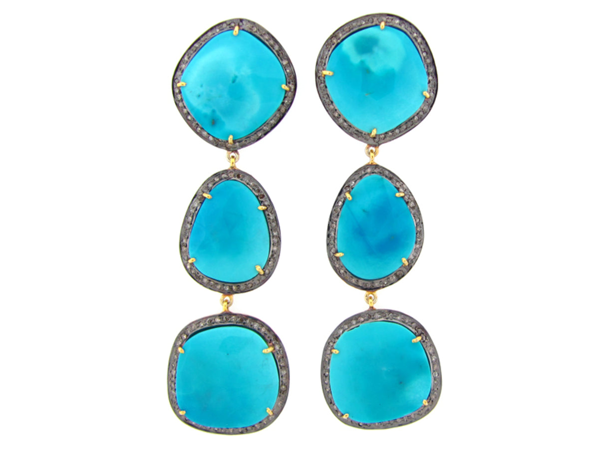 TURQUOISE & BROWN DIAMOND EARRING, YELLOW FINISH, SILVER (I/N)