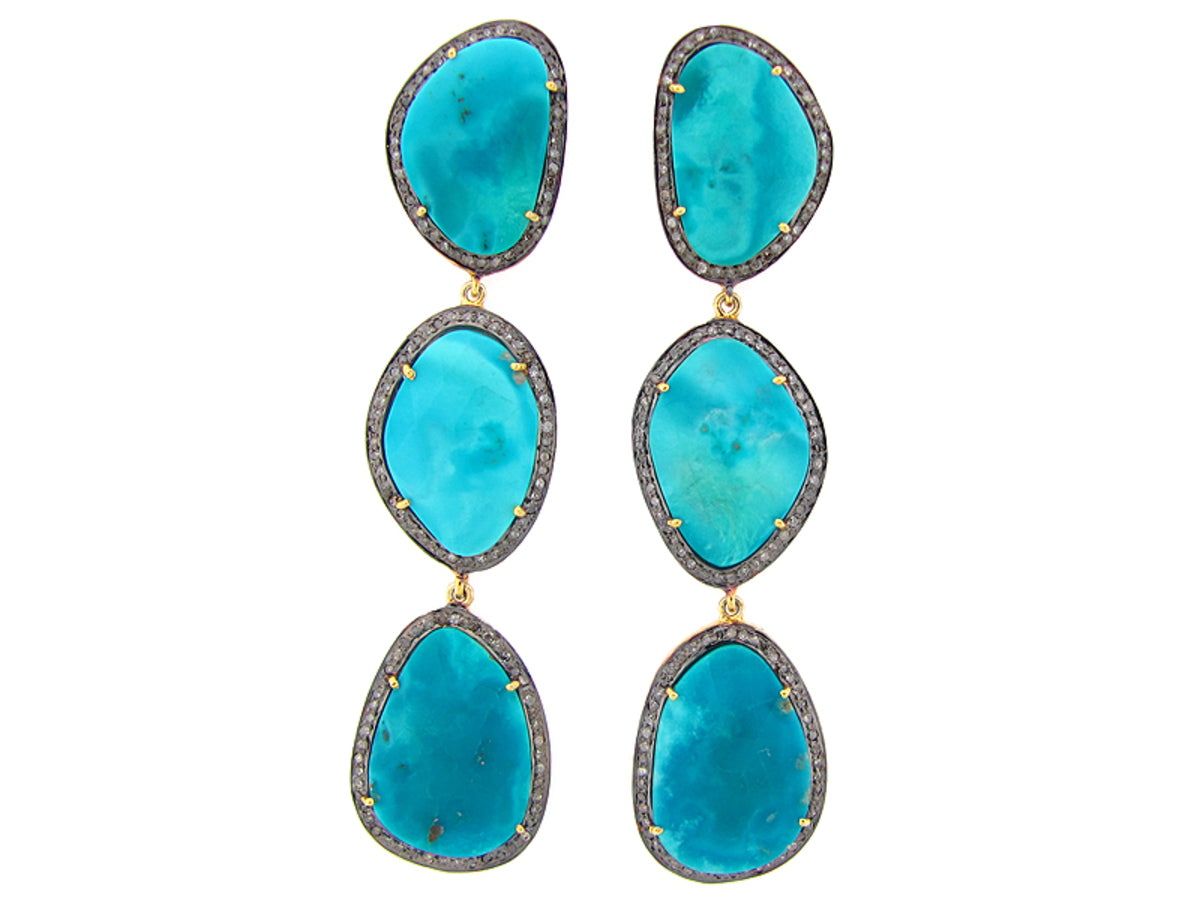TURQUOISE & BROWN DIAMOND EARRING, YELLOW FINISH, SILVER (I/N)