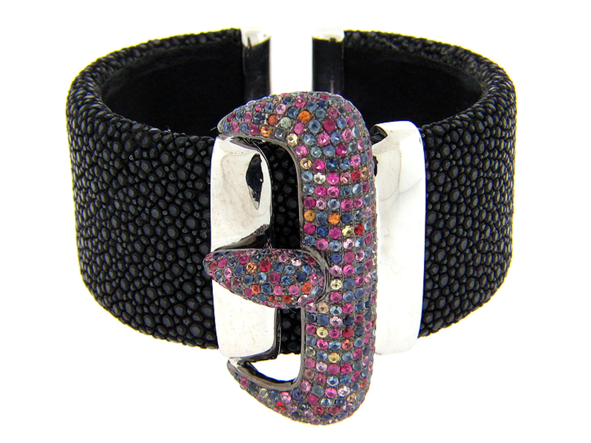 RAINBOW SAPPHIRE BLACK STINGRAY BANGLE, SILVER (E/U)