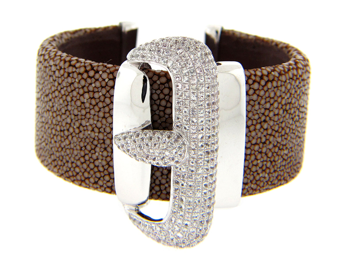 WHITE SAPPHIRE BROWN STINGRAY BANGLE, SILVER (E)