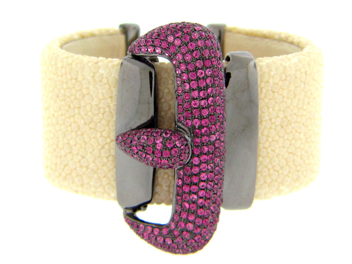 PINK SAPPHIRE WHITE STINGRAY BANGLE, BLACK FINISH, SILVER (H)
