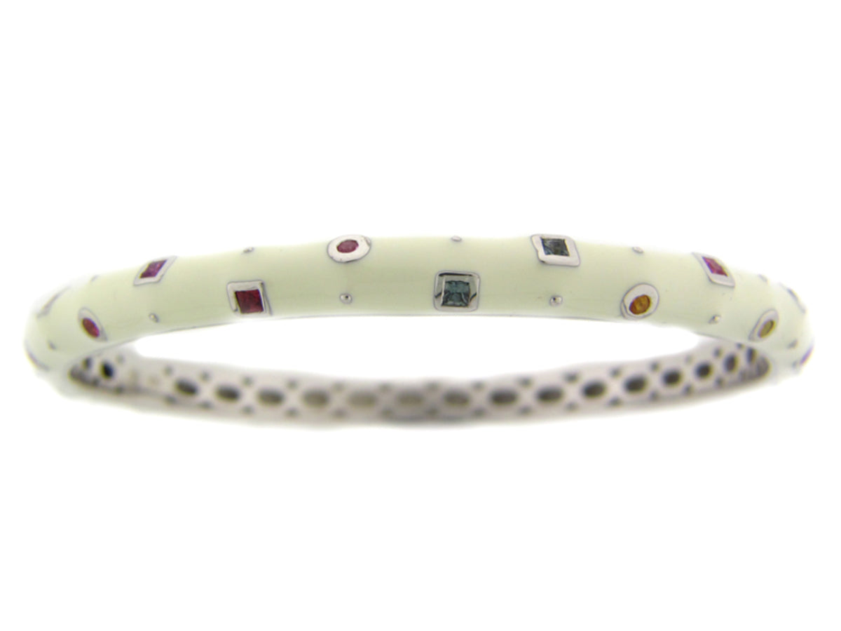 Rainbow Sapphire/Cream Enamel Bangle, Silver (E/U)