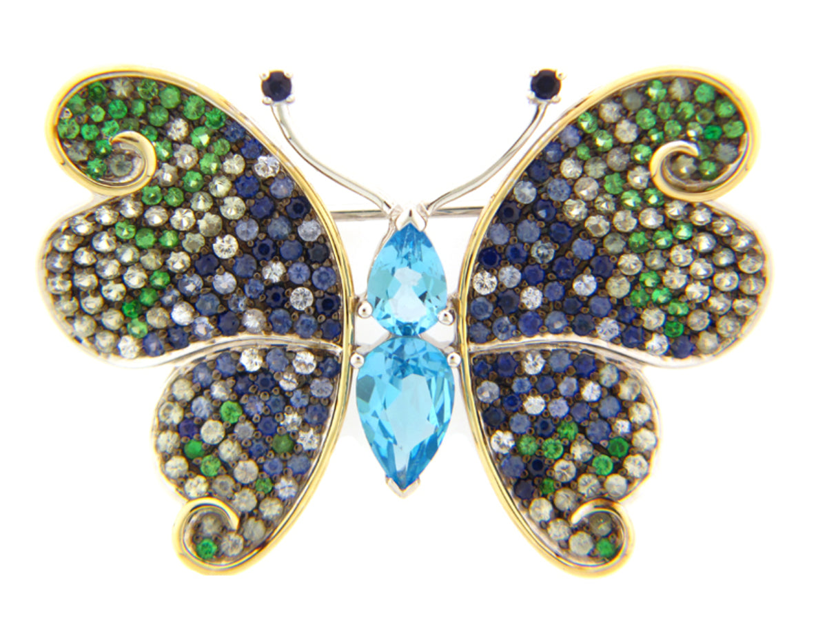 FANCY SAPPHIRE/BLUE TOPAZ/TSAVORITE BROACH