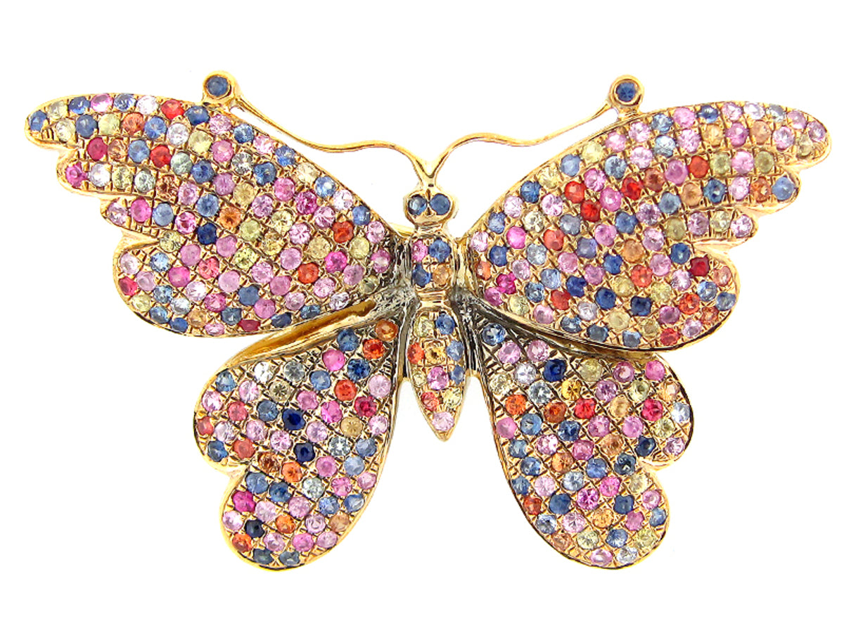 RAINBOW SAPPHIRE BUTTERFLY BROOCH, YELLOW FINISH, SILVER (E/U)