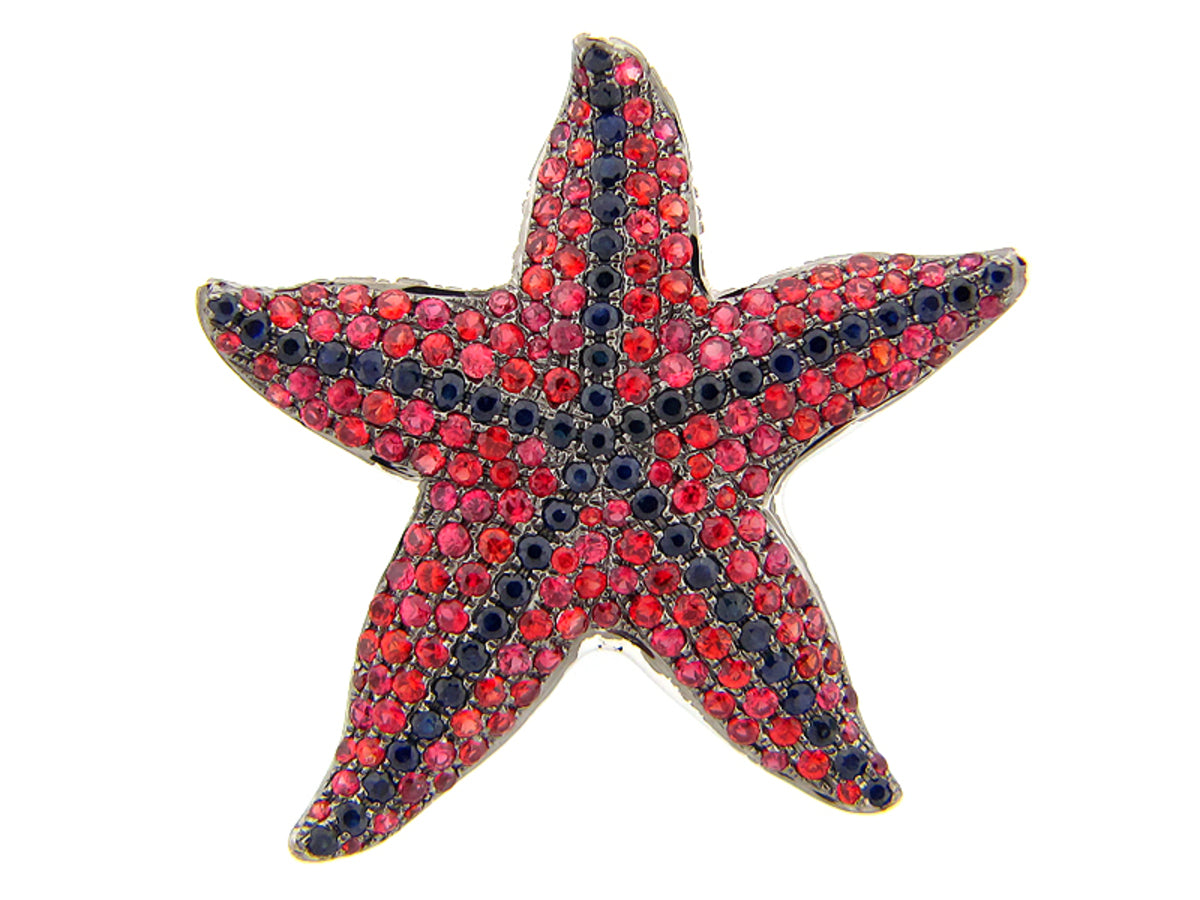 BLUE & ORANGE SAPPHIRE BROACH, BLACK FINISH, SILVER (H/U)