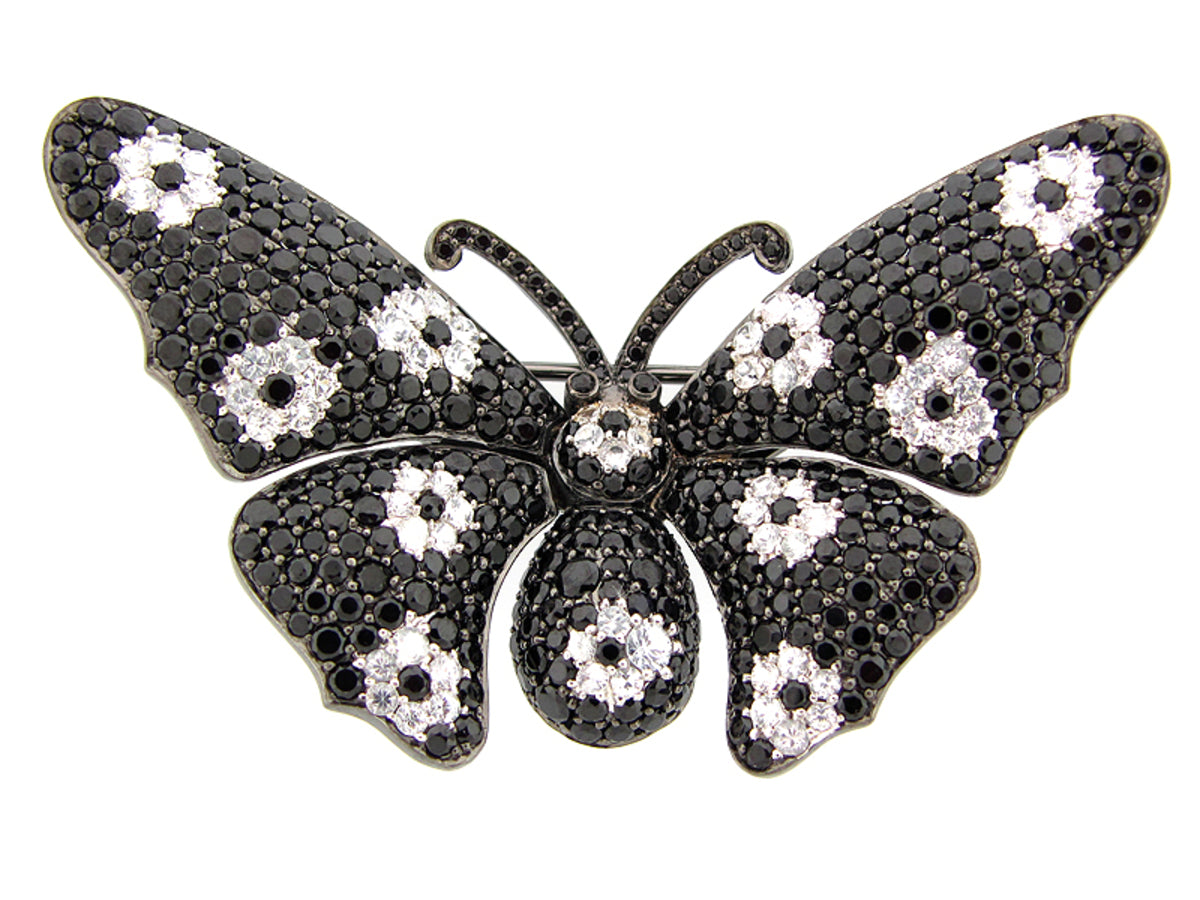 BLACK SPINEL & WHITE SAPPHIRE BROOCH, BLACK FINISH, SILVER (N/H)