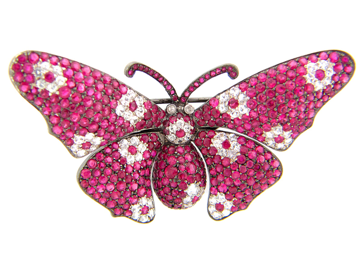 RUBY & WHITE SAPPHIRE BROACH, BLACK RHODIUM, SILVER (H)