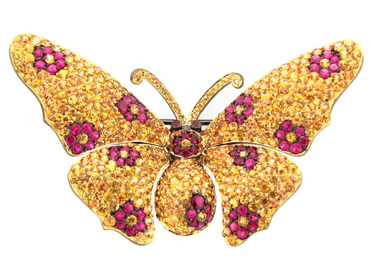 YELLOW SAPPHIRE & RUBY BROACH, BLACK FINISH, SILVER (H)
