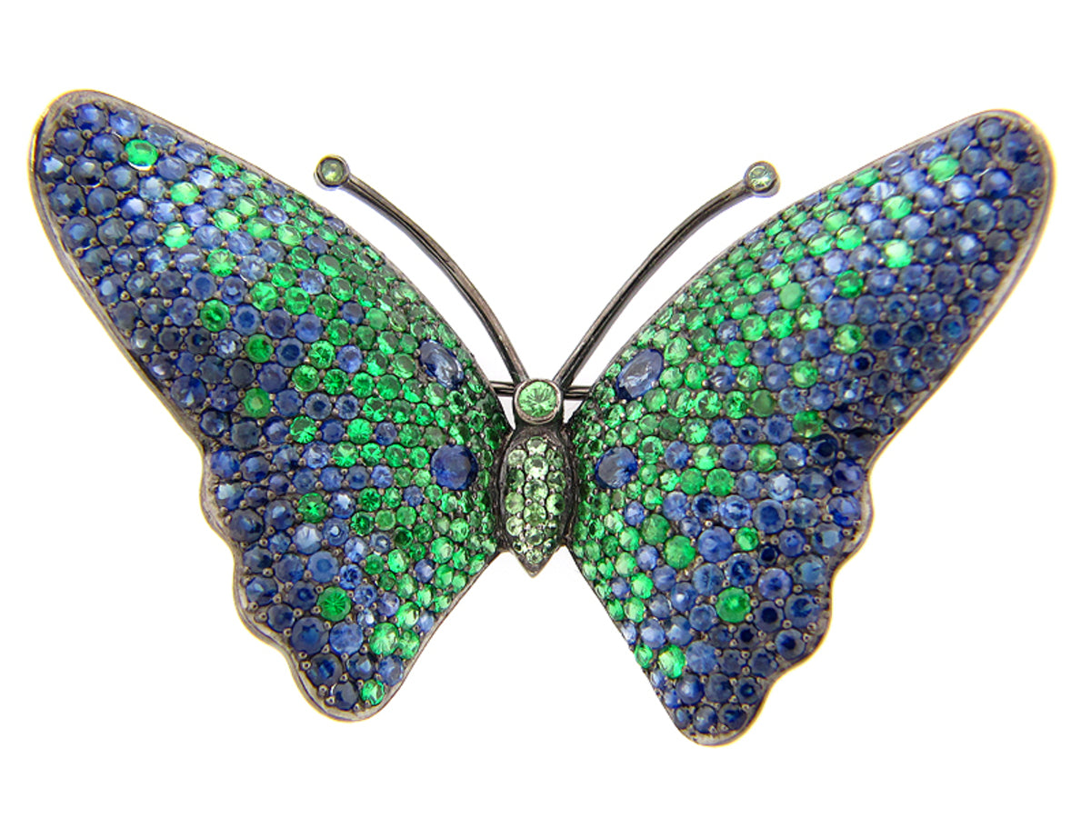 TSAVORITE & SAPPHIRE BROACH, BLACK FINISH, SILVER (N/H)