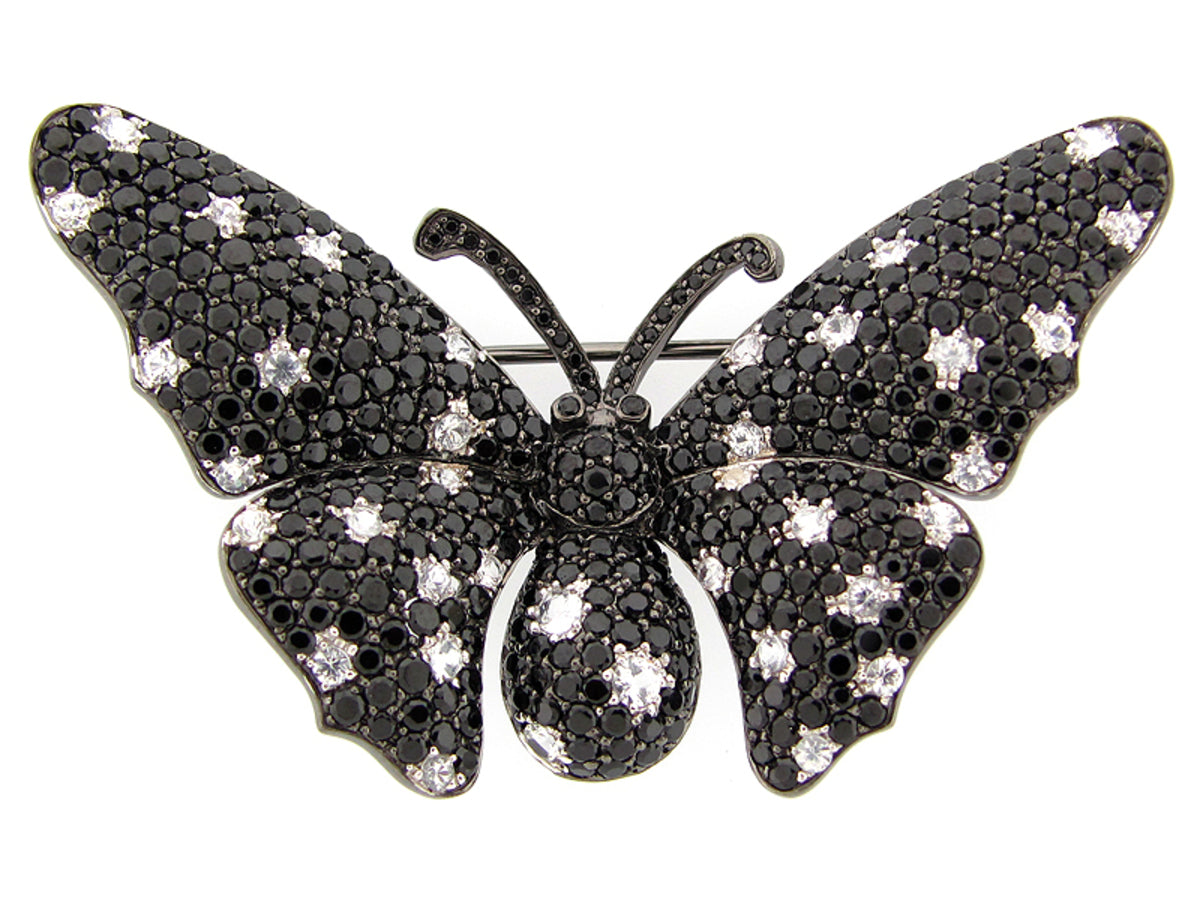 BLACK SPINEL & WHITE SAPPHIRE BROACH, BLACK FINISH, SILVER (N/H)