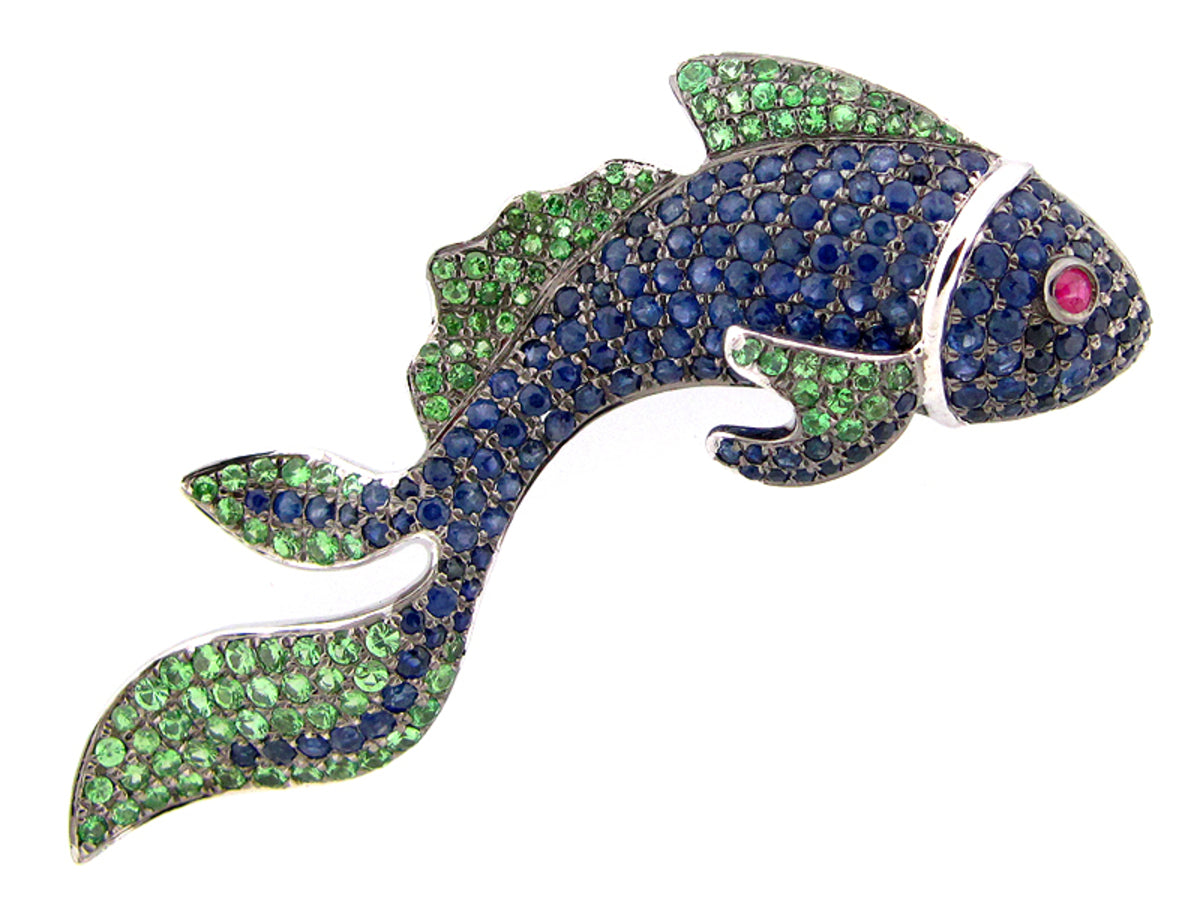 SAPPHIRE & TSAVORITE FISH BROOCH, SILVER (H)