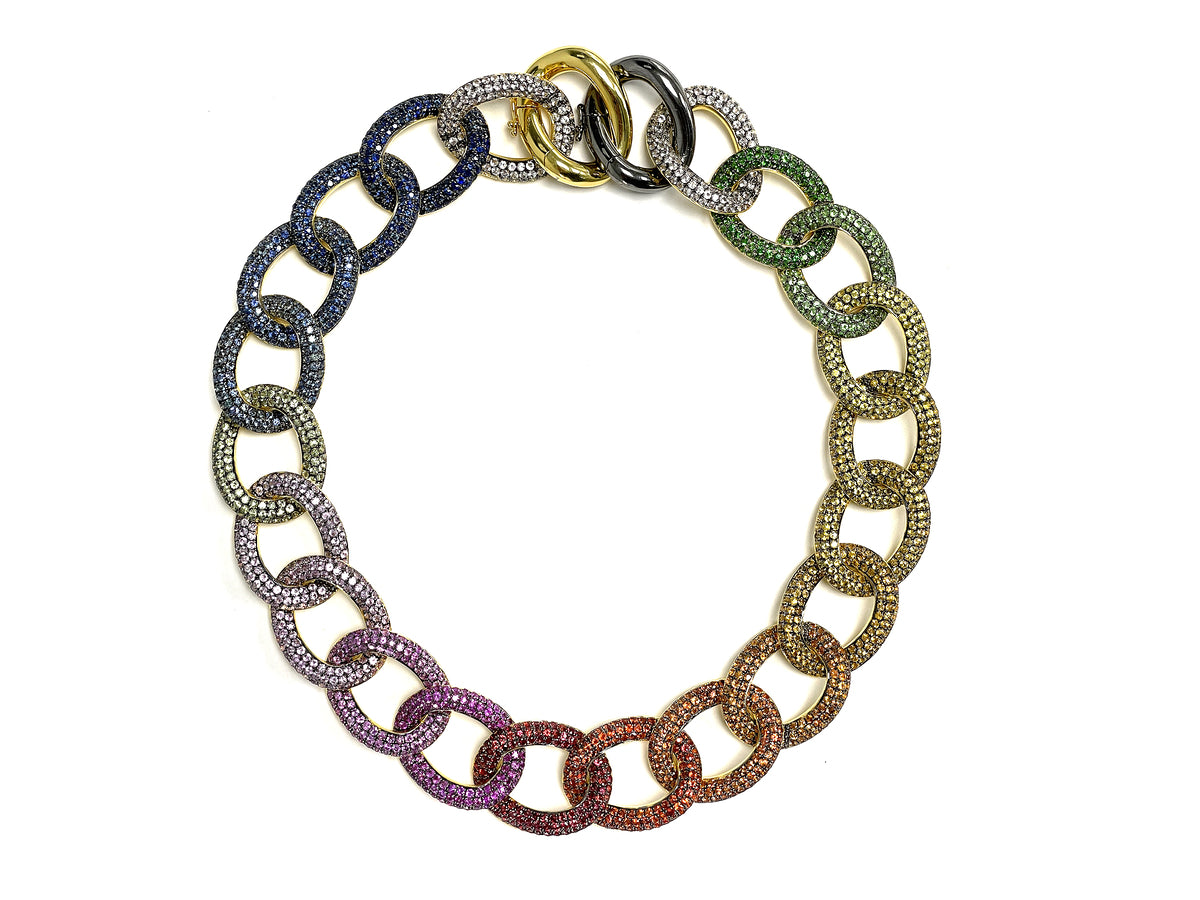 RAINBOW SAPPHIRE & TSAVORITE LARGE PAVE LINK NECKLACE, 17"