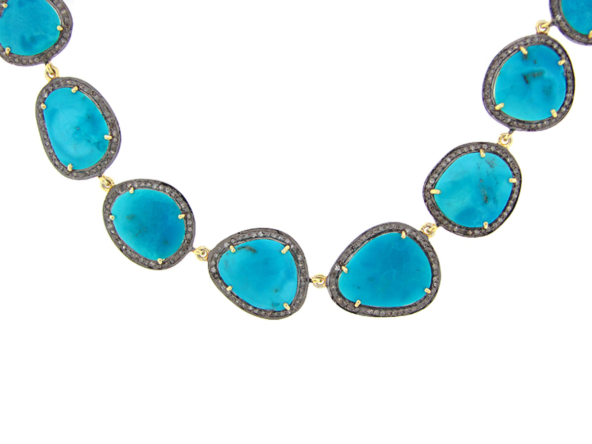 TURQUOISE & BROWN DIAMOND NECKLACE, YELLOW FINISH, SILVER (H)