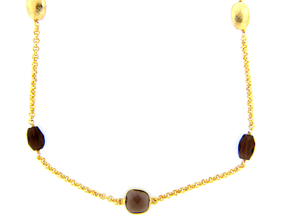 SMOKEY QUARTZ & FRESHWATER PEARL NECKLACE, SILVER-YELLOW GOLD PLATE
