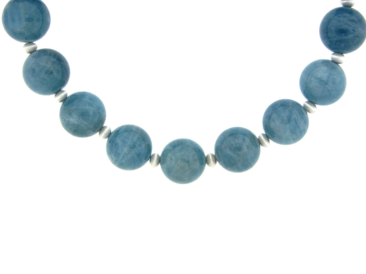 AQUAMARINE BEAD NECKLACE, SILVER (H)