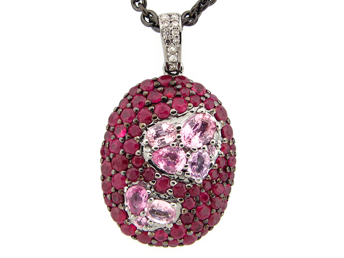 RUBY, PINK SAPPHIRE & DIAMOND PENDANT, BLACK FINISH, SILVER (H)