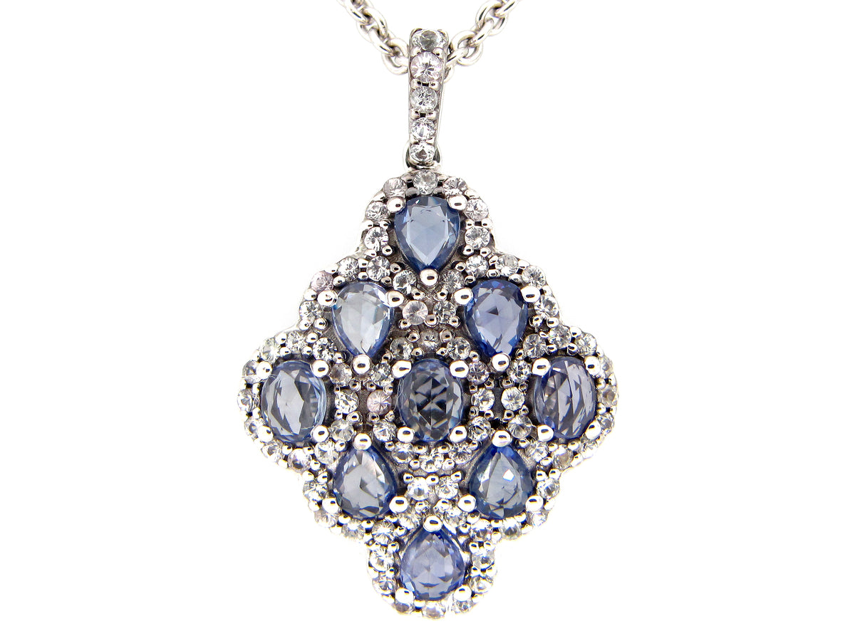 WHITE & BLUE SAPPHIRE PENDANT, 30" CHAIN, SILVER (H)