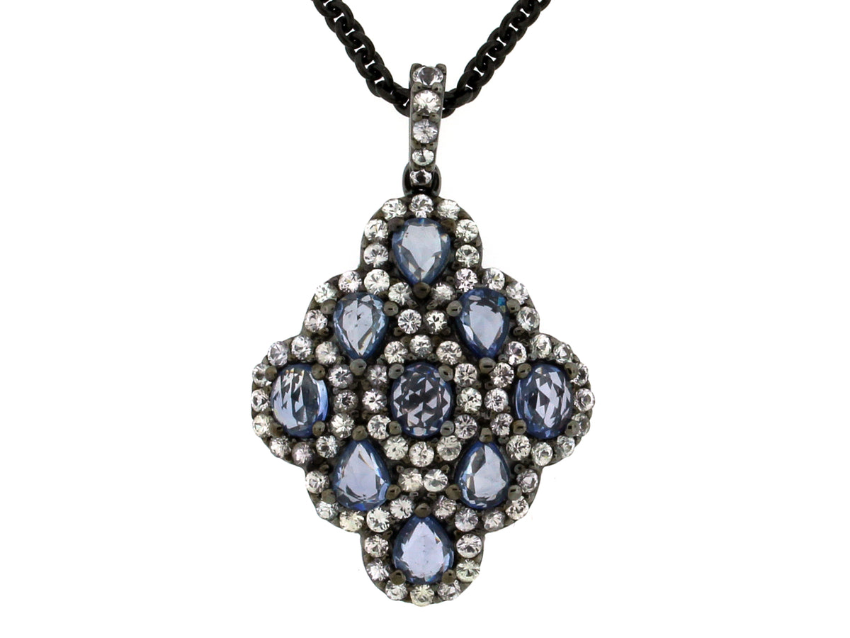 WHITE & BLUE SAPPHIRE PENDANT, BLACK FINISH, 30 " CHAIN, SILVER (H)