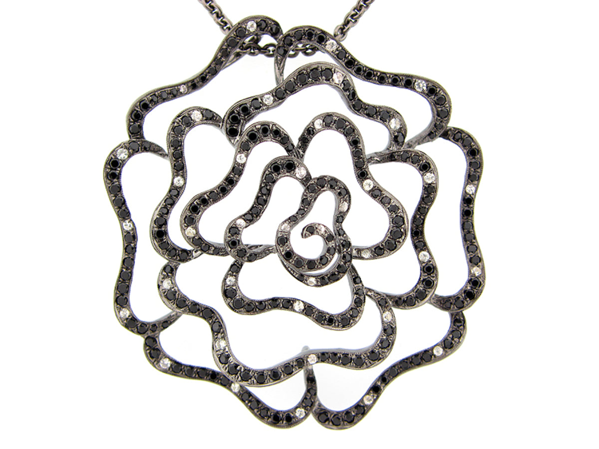 BLACK SPINEL & WHITE SAPPHIRE PENDANT, BLACK FINISH,30" CHAIN, SILVER (N/H)