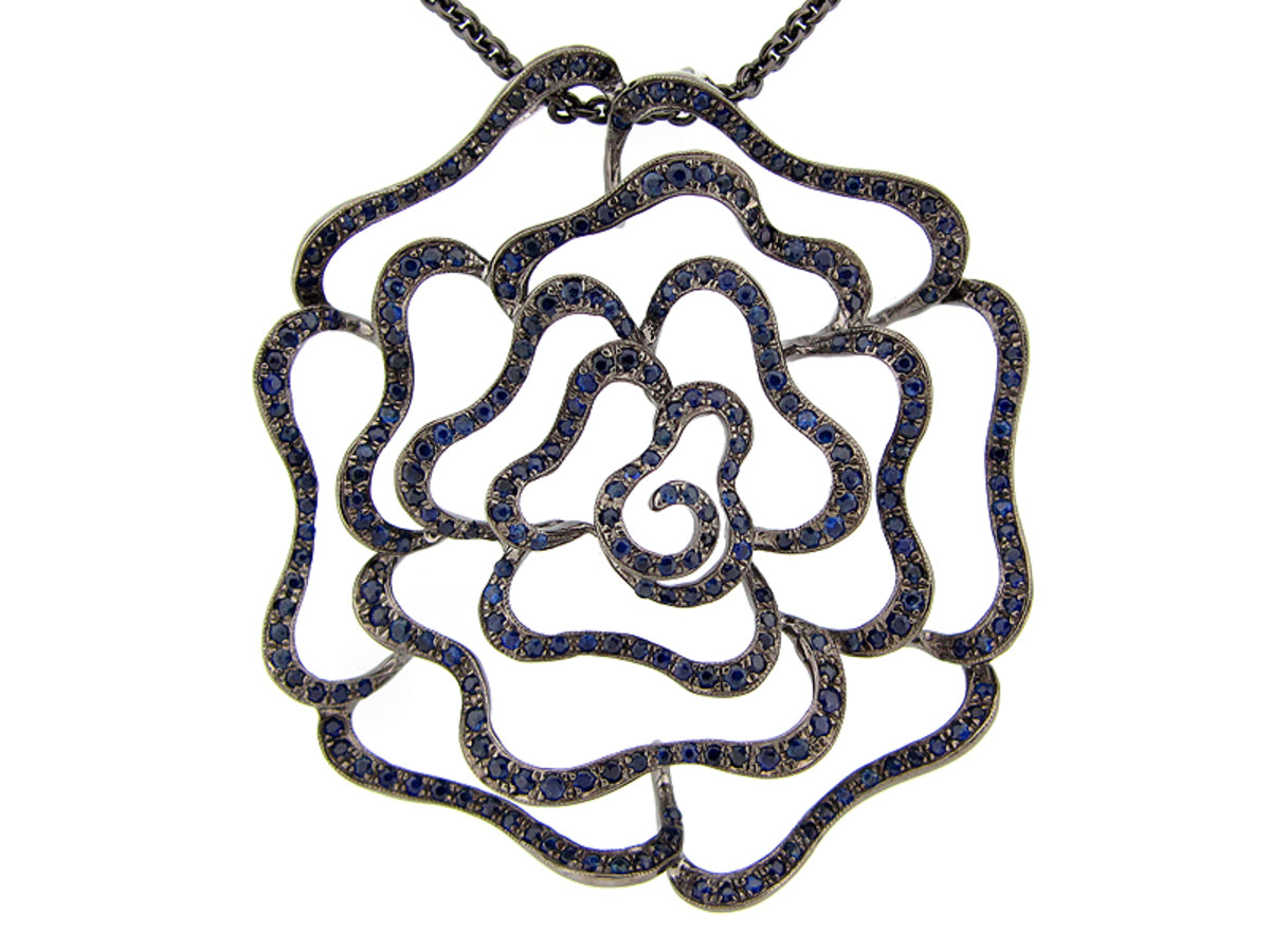 SAPPHIRE PENDANT,BLACK FINISH, 30" CHAIN, SILVER (H)