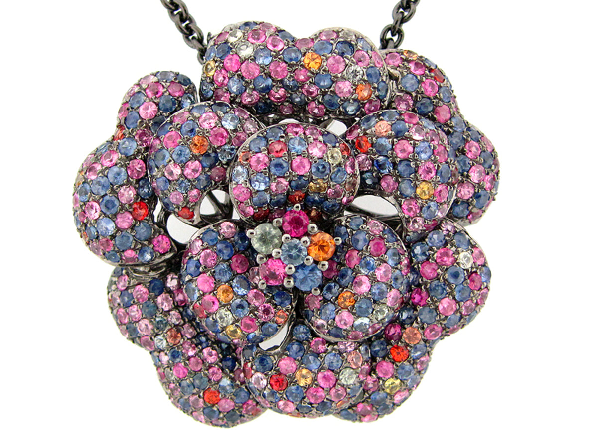 RAINBOW SAPPHIRE PENDANT, BLACK FINISH, 24" CHAIN, SILVER (H/U)