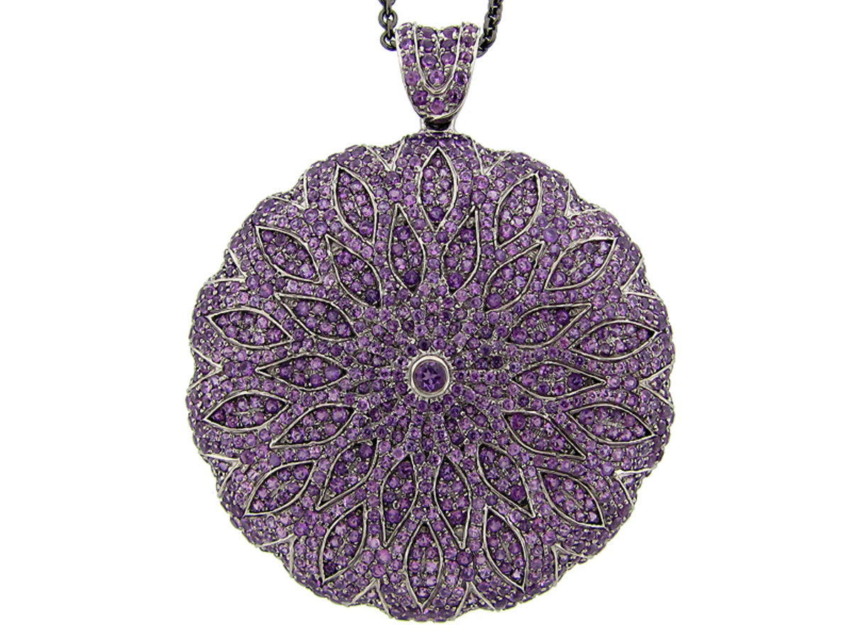 AMETHYST PENDANT, BLACK FINISH, 34"/36" CHAIN, SILVER (H)