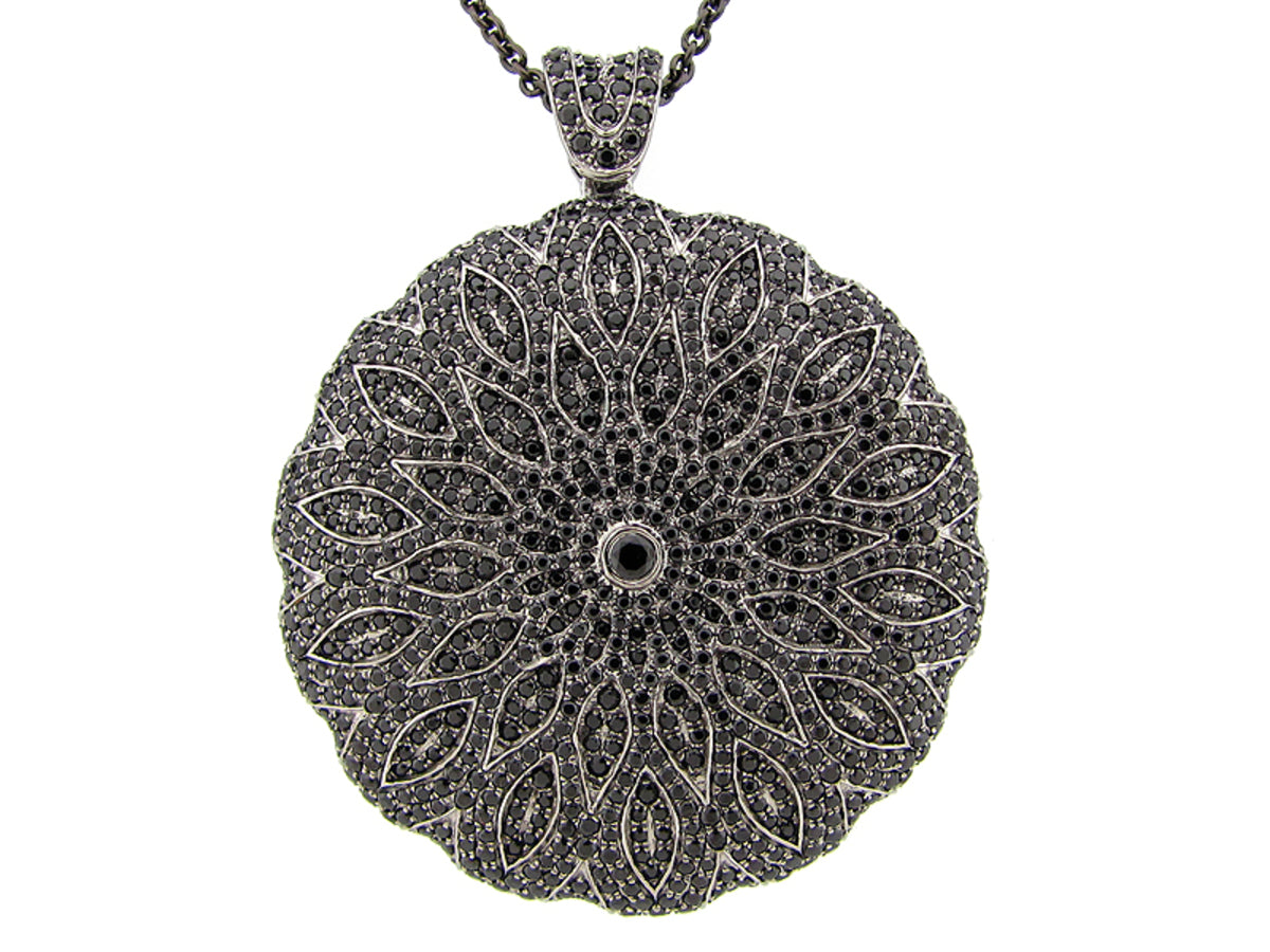 BLACK SPINEL PENDANT, BLACK FINISH, 34"/36" CHAIN, SILVER (N)