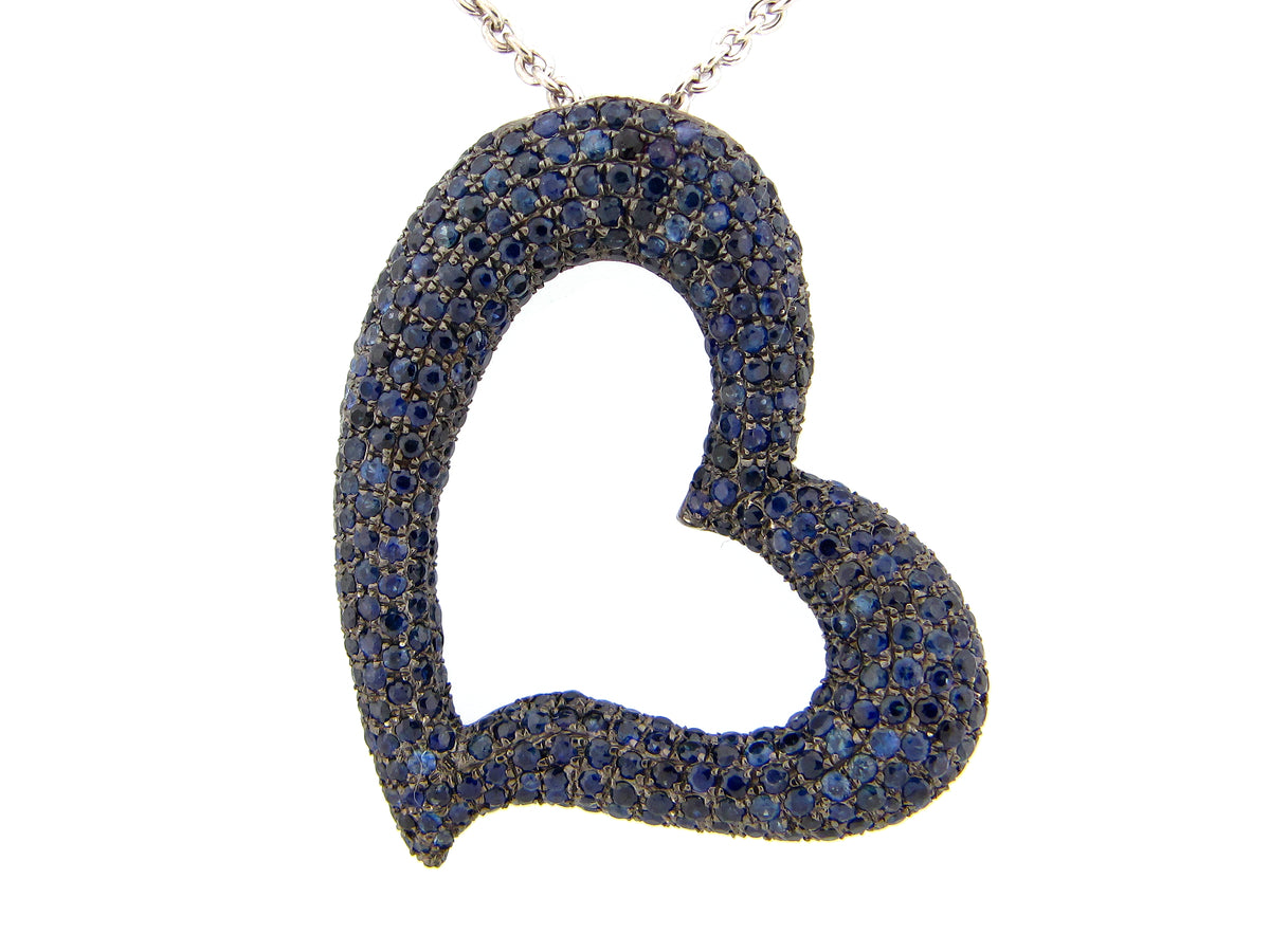SAPPHIRE PAVE HEART PENDANT, 16" CHAIN, SILVER (H)