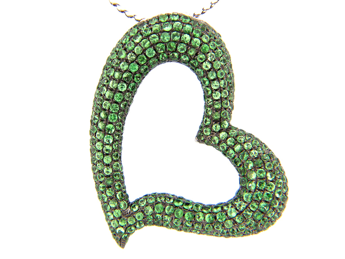 TSAVORITE PAVE HEART PENDANT, 24" CHAIN, SILVER (N)