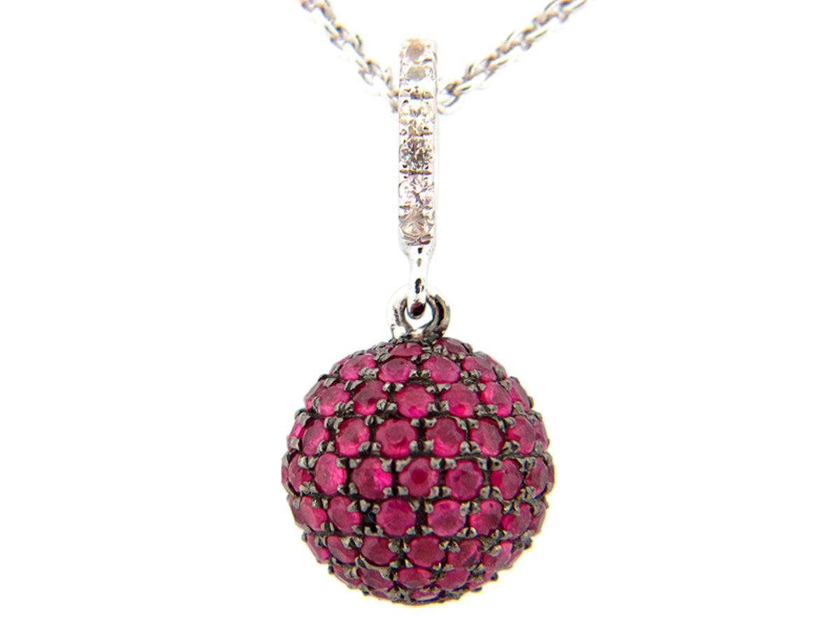 10MM, WHITE SAPPHIRE & RUBY BALL PENDANT, SILVER (H)