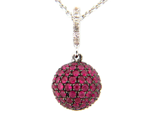 10MM, WHITE SAPPHIRE & RUBY BALL PENDANT, SILVER (H)