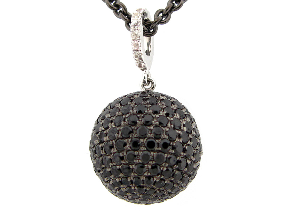 15MM, BLACK SPINEL & WHITE SAPPHIRE BALL PENDANT, 18" CHAIN, BLACK FINISH, SILVER (N/H)