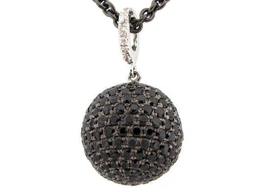 15MM, BLACK SPINEL & WHITE SAPPHIRE BALL PENDANT, 18" CHAIN, BLACK FINISH, SILVER (N/H)