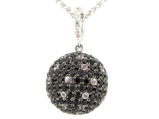 15MM, BLACK SPINEL & WHITE SAPPHIRE BALL PENDANT, 18" CHAIN, SILVER (N/H)