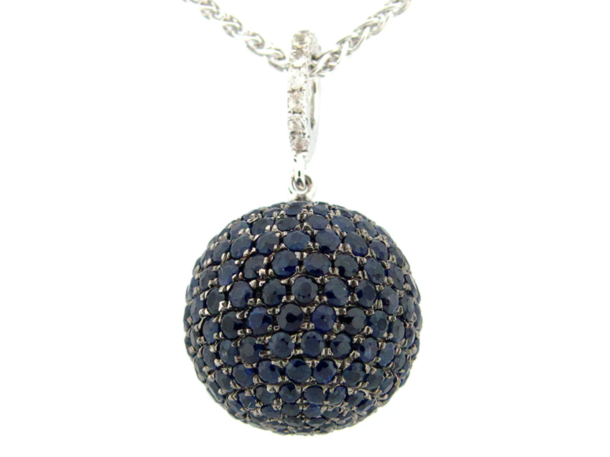 15MM, BLUE & WHITE SAPPHIRE BALL PENDANT, 18" CHAIN, SILVER (H)