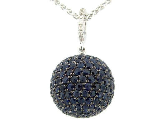 15MM, BLUE & WHITE SAPPHIRE BALL PENDANT, 18" CHAIN, SILVER (H)