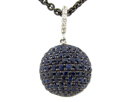15MM, BLUE & WHITE SAPPHIRE BALL PENDANT, 18" CHAIN, BLACK FINISH, SILVER (H)