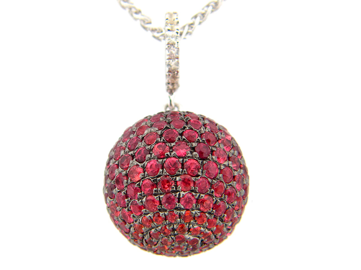 15MM, ORANGE & WHITE SAPPHIRE BALL PENDANT, 18" CHAIN, SILVER (H/U)