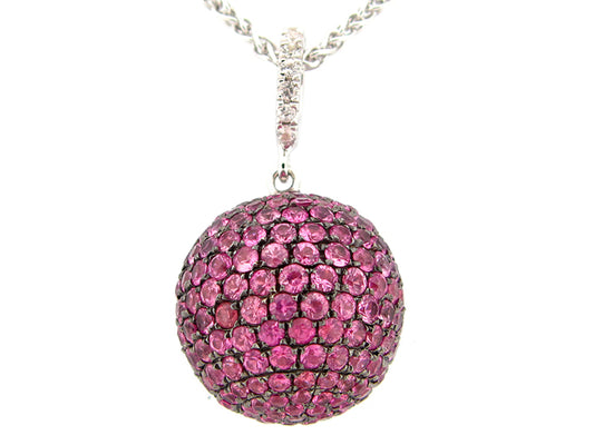 15MM, WHITE & PINK SAPPHIRE BALL PENDANT, 18" CHAIN, SILVER (H)