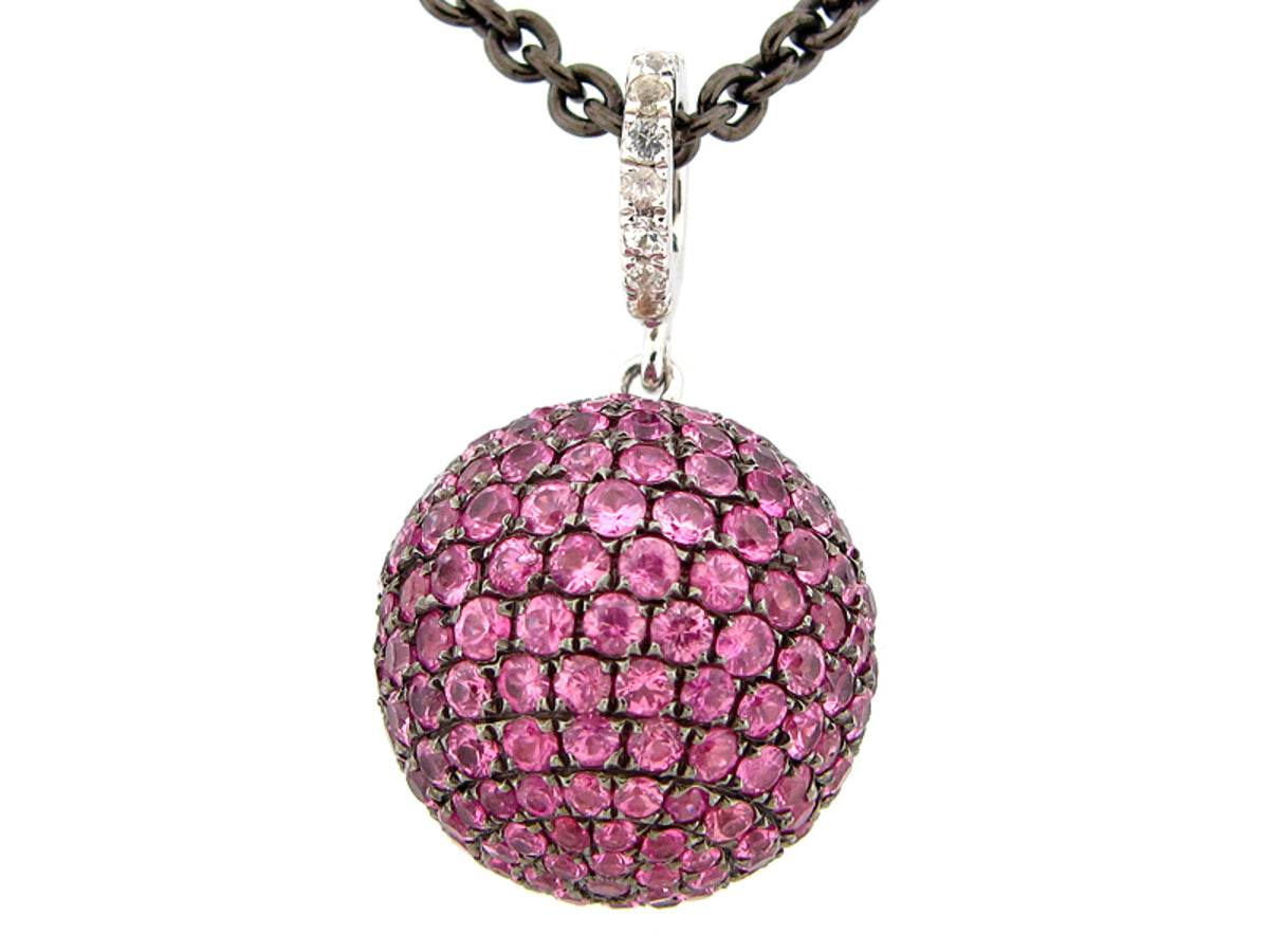 15MM, WHITE & PINK SAPPHIRE BALL PENDANT, 18" CHAIN, BLACK FINISH, SILVER (H)