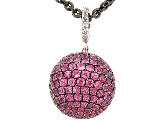 15MM, WHITE & PINK SAPPHIRE BALL PENDANT, 18" CHAIN, BLACK FINISH, SILVER (H)