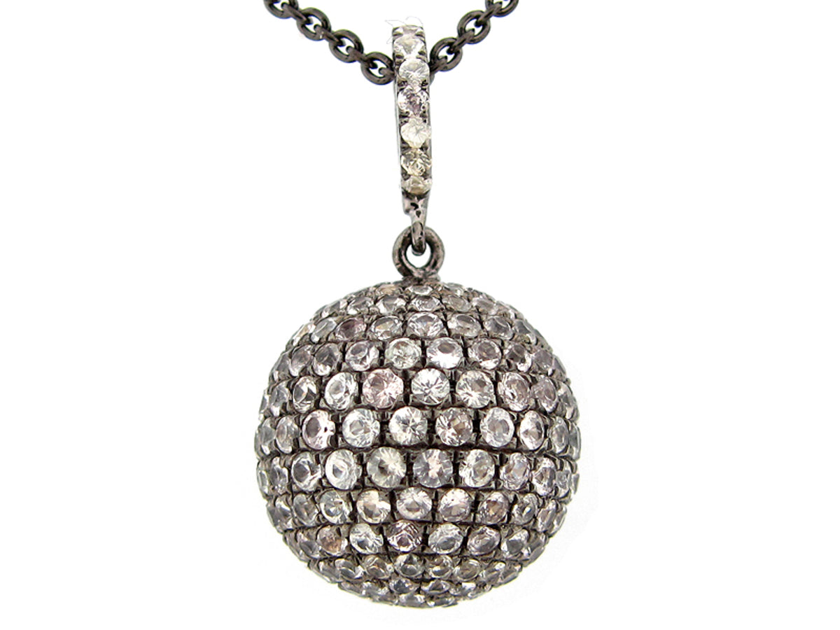 15MM, WHITE SAPPHIRE BALL PENDANT, BLACK FINISH, 18" CHAIN, SILVER (H)