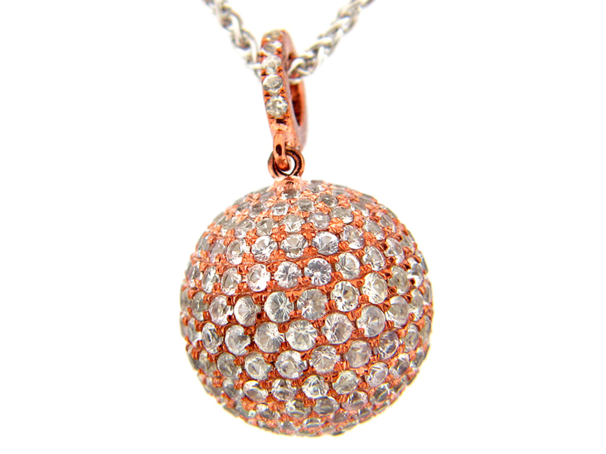 15MM, WHITE SAPPHIRE BALL PENDANT, ROSE FINISH, 18" CHAIN, SILVER (H)