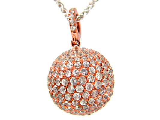 15MM, WHITE SAPPHIRE BALL PENDANT, ROSE FINISH, 18" CHAIN, SILVER (H)