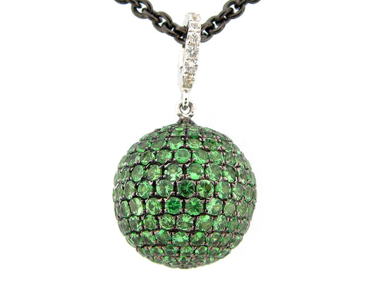 15MM, WHITE SAPPHIRE & TSAVORITE BALL PENDANT, BLACK FINISH, 18" CHAIN, SILVER (H)