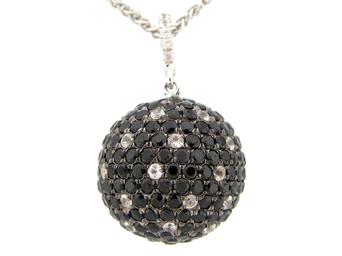 17MM, BLACK SPINEL & WHITE SAPPHIRE BALL PENDANT, 20" CHAIN, SILVER (N/H)