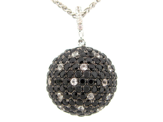 17MM, BLACK SPINEL & WHITE SAPPHIRE BALL PENDANT, 20" CHAIN, SILVER (N/H)